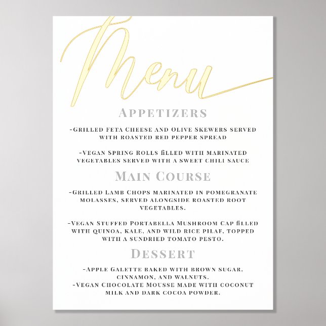   Minimalistic White Gold Calligraphy Wedding Menu Foil Prints (Front)