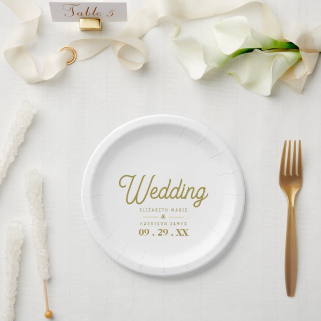 Minimalistic - White & Gold - Wedding Paper Plate (Wedding)