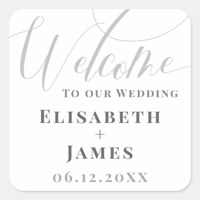 Minimalistic White & Grey Calligraphy Chic Wedding Square Sticker (Front)