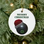 Minimalists Bowls Merry Christmas,  Ceramic Tree Decoration<br><div class="desc">Pictured is a lawn bowl wearing a Santa hat with the words Merry Christmas</div>