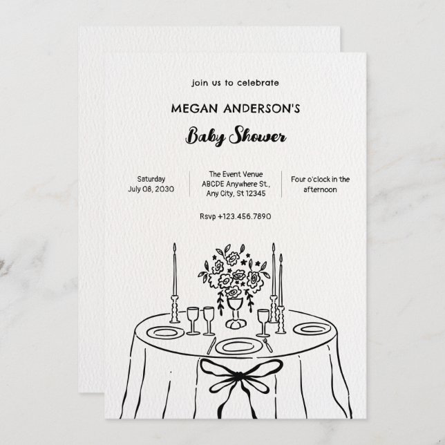Minimlaist hand drawn dinner table baby shower invitation (Front/Back)