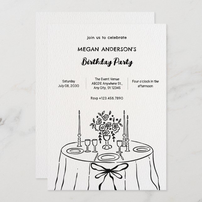Minimlaist hand drawn dinner table birthday invitation (Front/Back)