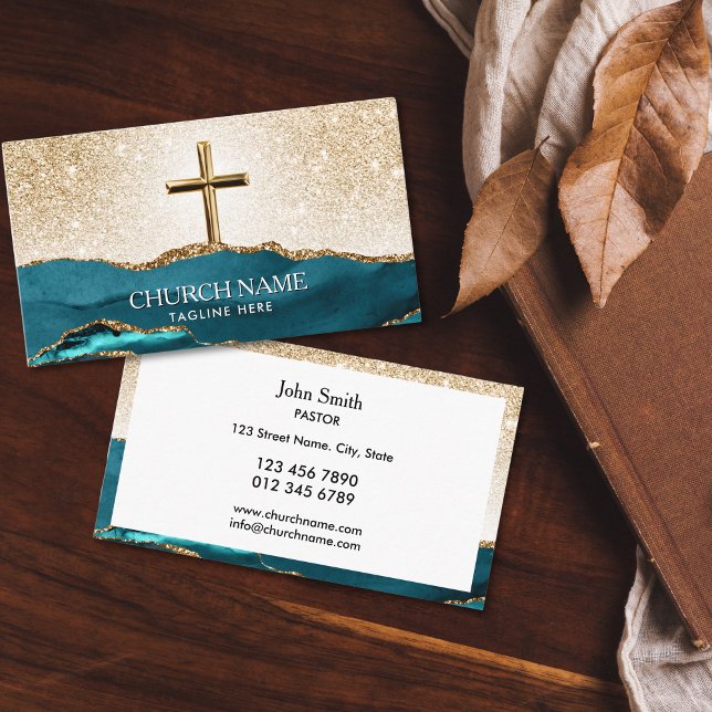Ministry Church Pastor Deacon Bishop Gold Cross Business Card (gold cross with blue agate mountains and glitter gold sky church business cards for deacon, bishop, )