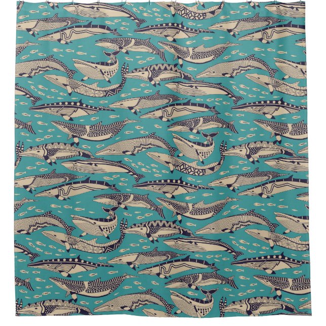 minke whales blue shower curtain (Front)