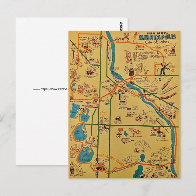  Minneapolis Fun Map Postcard  (Front/Back)