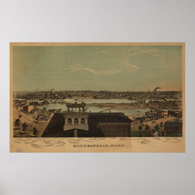Minneapolis Minnesota 1874 Antique Panoramic Map Poster (Front)