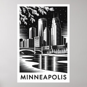 Minneapolis Minnesota Skyline Black White Woodcut Poster