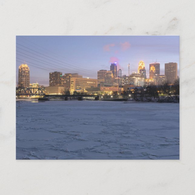minneapolis skyline and frozen mississippi river p postcard (Front)