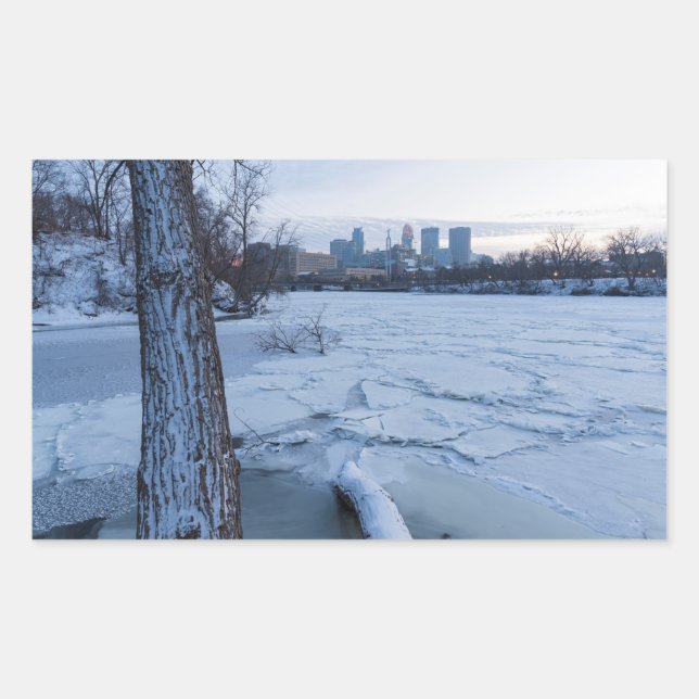 minneapolis skyline and icy mississippi river rectangular sticker (Front)