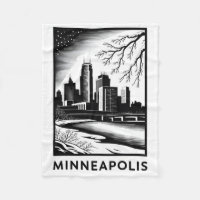 Minneapolis Skyline Black and White Woodcut Winter