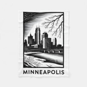 Minneapolis Skyline Black and White Woodcut Winter Fleece Blanket