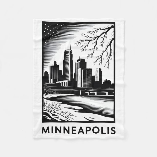 Minneapolis Skyline Black and White Woodcut Winter Fleece Blanket (Front)