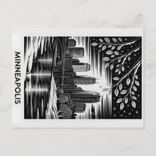 Minneapolis Skyline Black and White Woodcut Winter Postcard