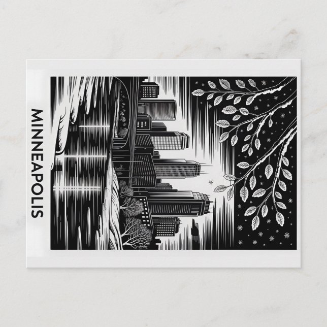 Minneapolis Skyline Black and White Woodcut Winter Postcard (Front)