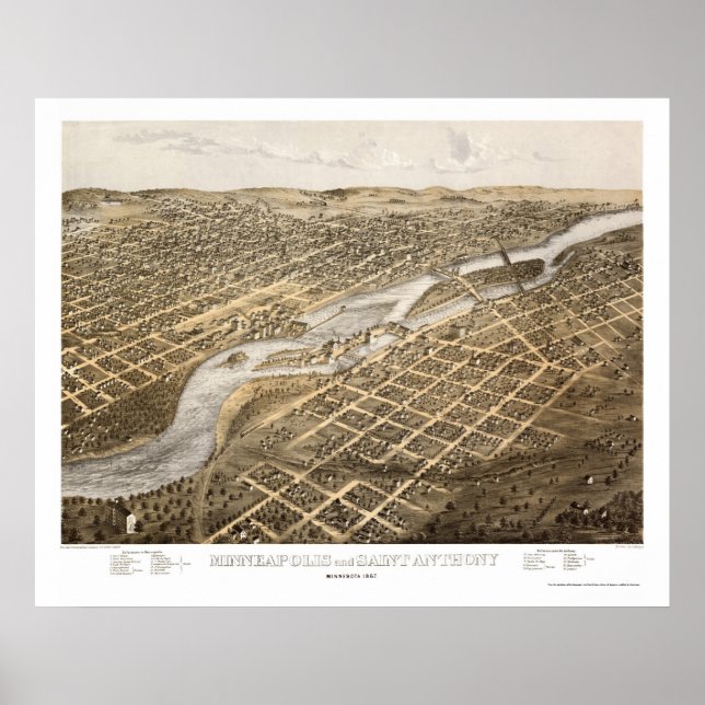 Minneapolis & St. Anthony, MN Panoramic Map - 1867 Poster (Front)