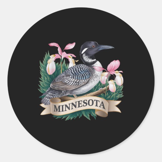 Minnesota Common Loon Bird And Ladys Slippers Flow Classic Round Sticker (Front)