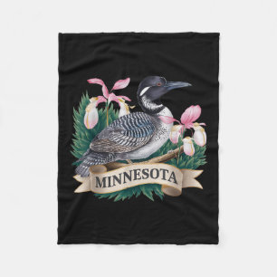 Minnesota Common Loon Bird And Ladys Slippers Flow Fleece Blanket