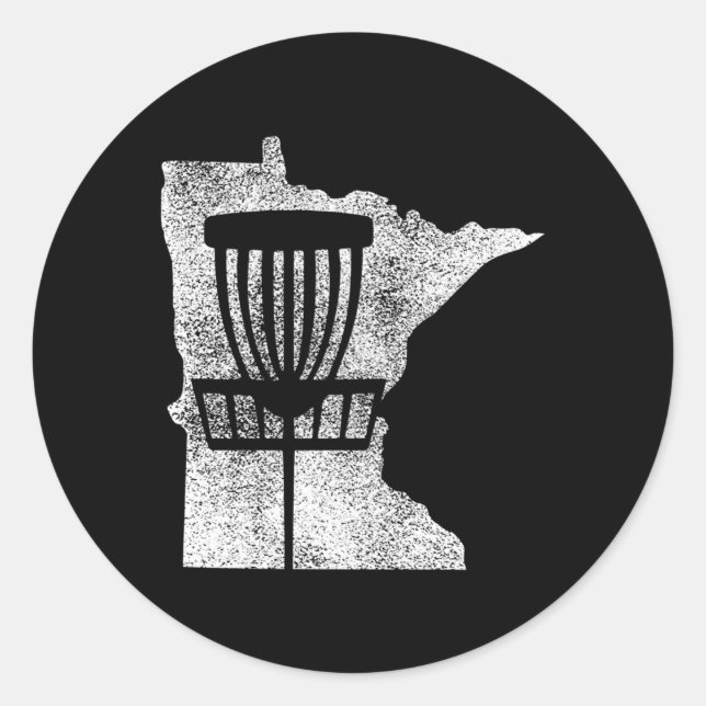 Minnesota Disc Golf State With Basket Distressed Classic Round Sticker (Front)