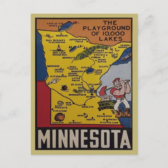 Minnesota Fun Vintage Travel State Map 1950s Postcard (Front)