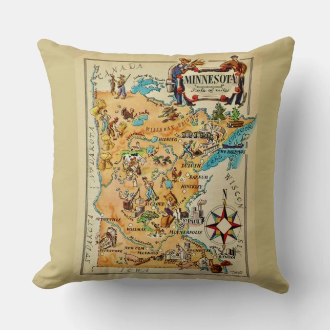 Minnesota Illustrated Map Throw Pillow (Front)