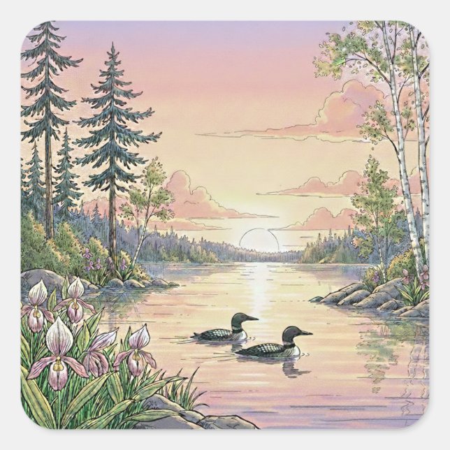 Minnesota Lake Sunset with Loons, Stickers (Front)