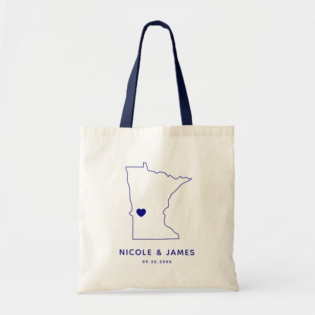 Minnesota Map Wedding Welcome Bag Tote, Navy (Front)
