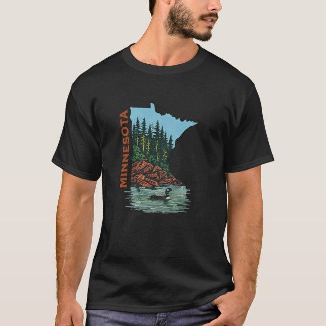 Minnesota State Map Outline Common Loon T-Shirt (Front)