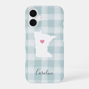 Minnesota State Silhouette Rustic Mint Plaid iPhone 16 Case