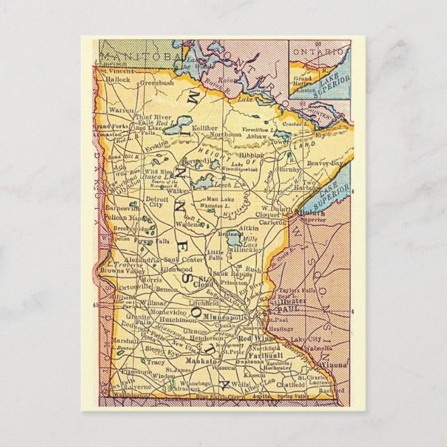  Minnesota Vintage Map Postcard  (Front)
