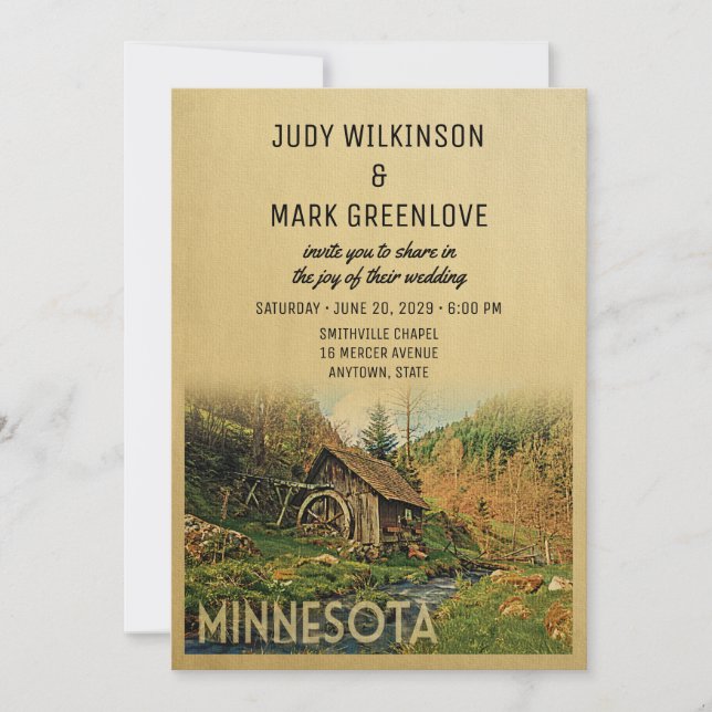 Minnesota Wedding Invitation Rustic Cabin Mill (Front)