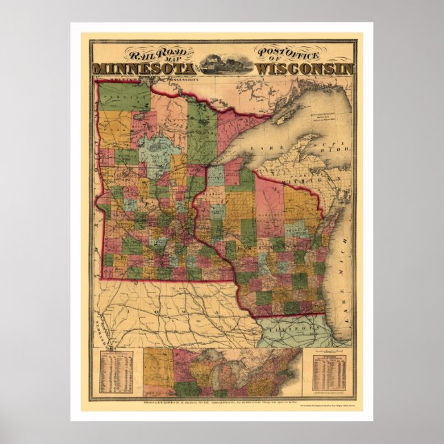 Minnesota & Wisconsin Railroad Map 1871 Poster (Front)