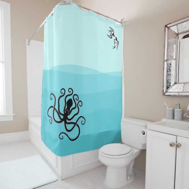 Minoan Style Seascape Octopus & Swallows Shower Curtain (In Situ)