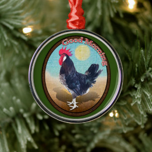 Minorca Rooster Good Morning Vintage Oval Metal Tree Decoration