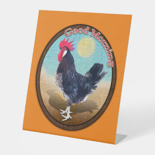 Minorca Rooster Good Morning Vintage Oval Pedestal Sign