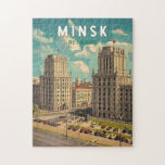 Minsk Belarus Illustration Travel Art Vintage Jigsaw Puzzle<br><div class="desc">Minsk retro vector travel design. Minsk,  the capital of Belarus,  blends Soviet-era architecture,  vibrant city life,  and rich cultural heritage.</div>