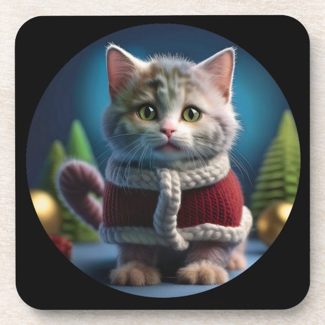 Minskin Kitten In A Christmas Outfit Coaster (Front)