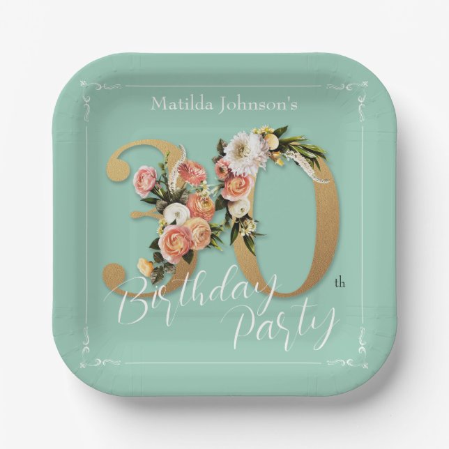 Mint 30th Birthday Gold Text Floral Pretty Custom Paper Plate (Front)