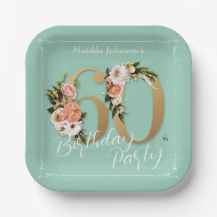 Mint 60th Birthday Gold Text Floral Pretty Custom Paper Plate