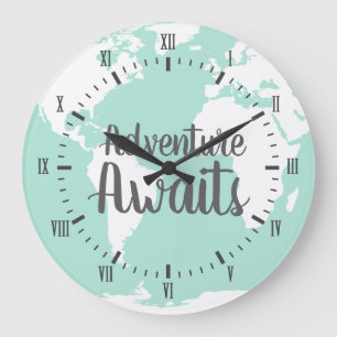 Mint Adventure Awaits World Map & Grey Numerals Large Clock