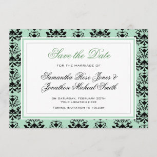 Mint and Black Damask w/ White Wedding Invitation
