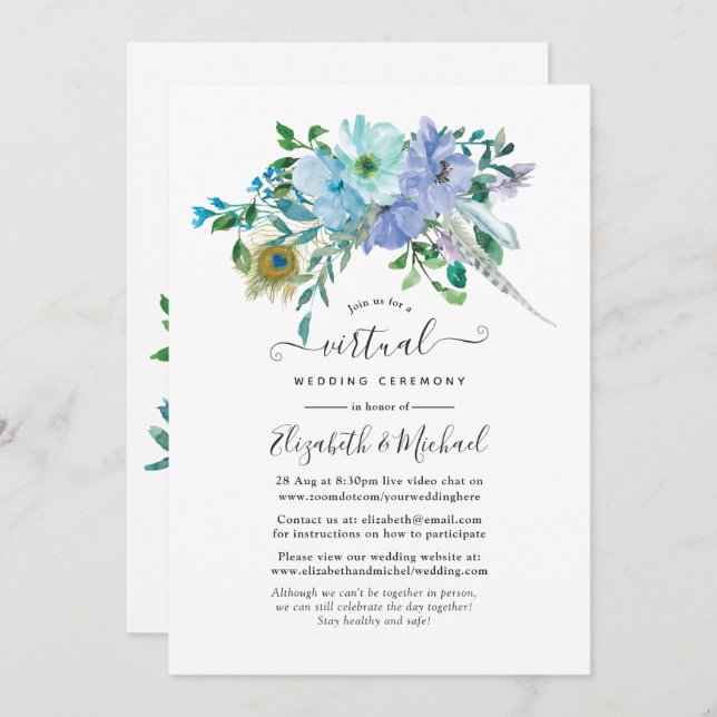 Mint and Blue Boho Floral Online Virtual Wedding Invitation (Front/Back)