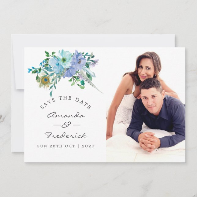 Mint and Blue Boho Floral Wedding Save the Date (Front)