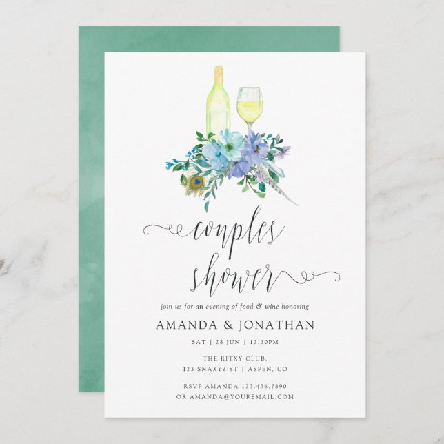 Mint and Blue Boho Wine Tasting Couples Shower Invitation (Front/Back)