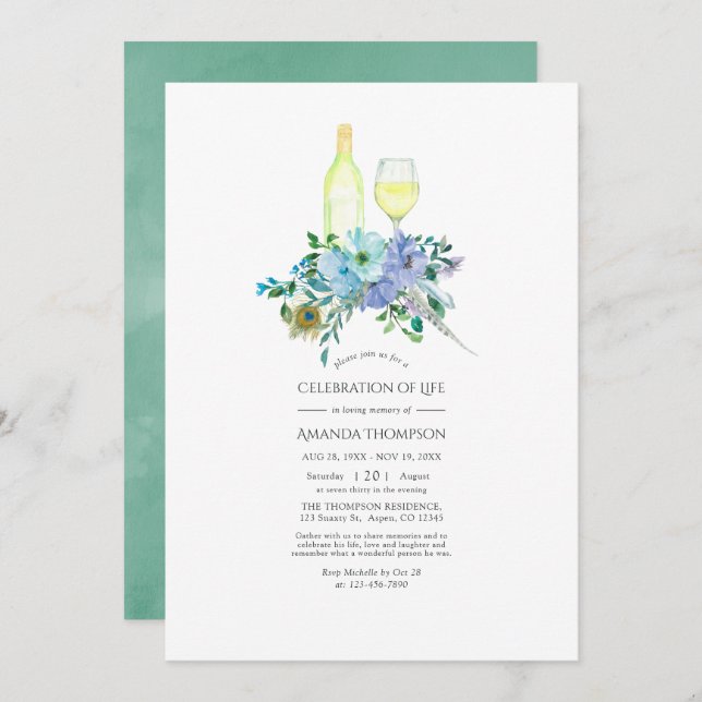 Mint and Blue Boho Wine themed Celebration of Life Invitation (Front/Back)
