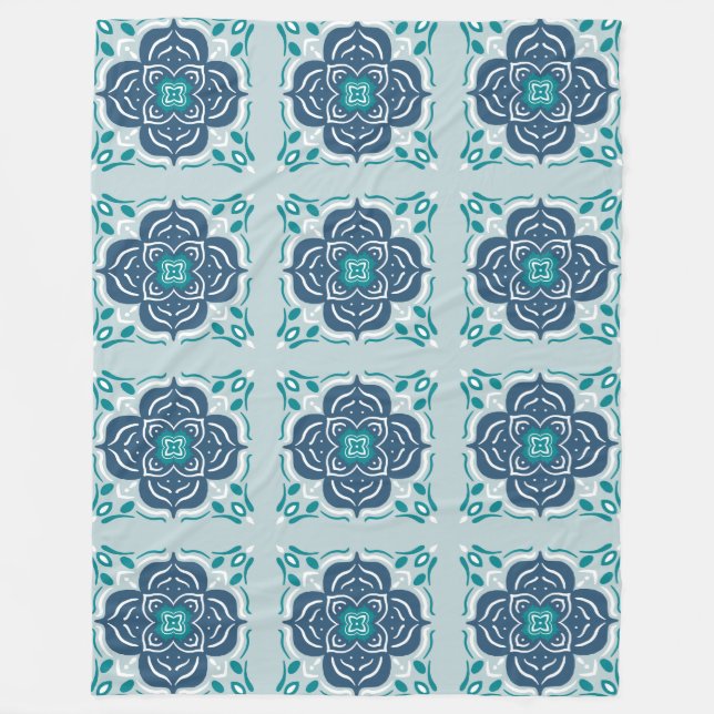 Mint and Blue Mandala Tile Geometric Pattern Boho Fleece Blanket (Front)