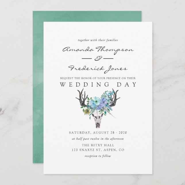 Mint and Blue Watercolor Boho Floral Wedding Invitation (Front/Back)