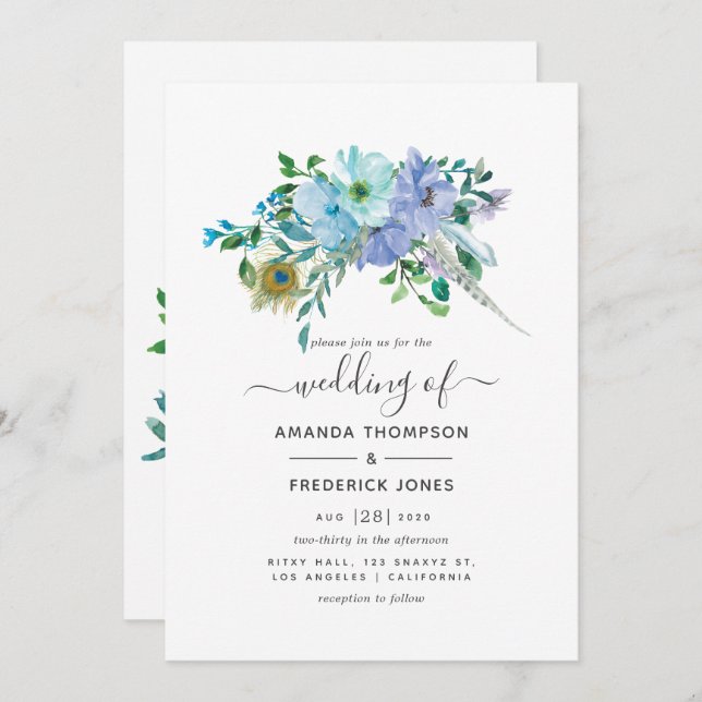Mint and Blue Watercolor Boho Floral Wedding Invitation (Front/Back)