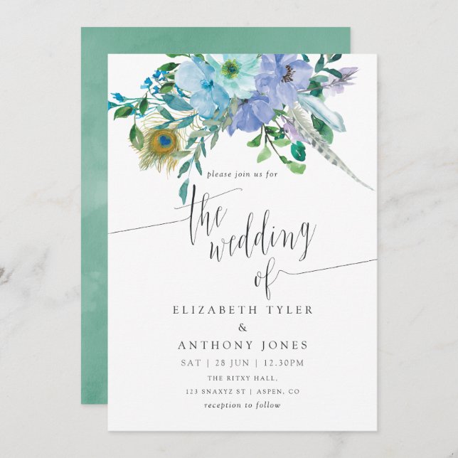 Mint and Blue Watercolor Boho Floral Wedding Invitation (Front/Back)