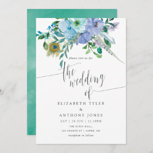 Mint and Blue Watercolor Boho Floral Wedding Invitation