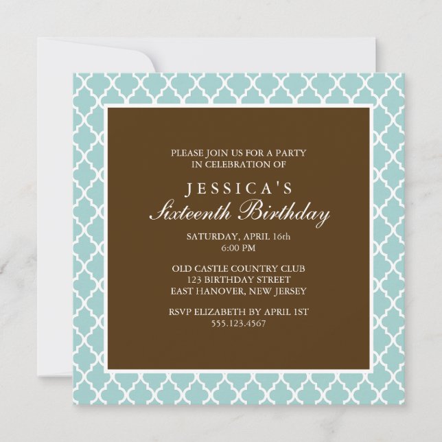 Mint and Brown Elegant Quatrefoil Birthday Invitation (Front)